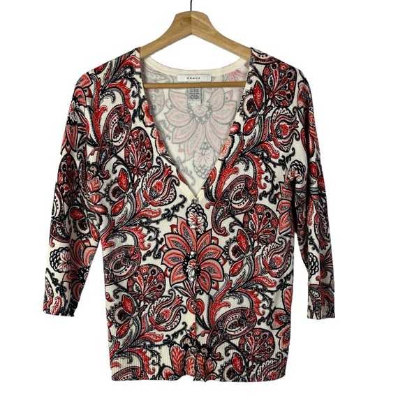 Grace Red & Black Paisley Floral V-Neck Button Down Cardigan Sweater S - Picture 1 of 5